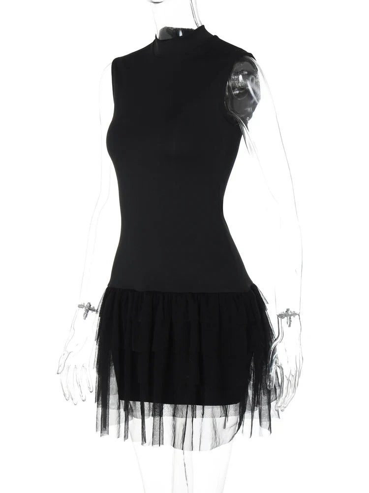 Party Dresses- Evening High Neck Tulle Mini Dress- - IndioGear.com