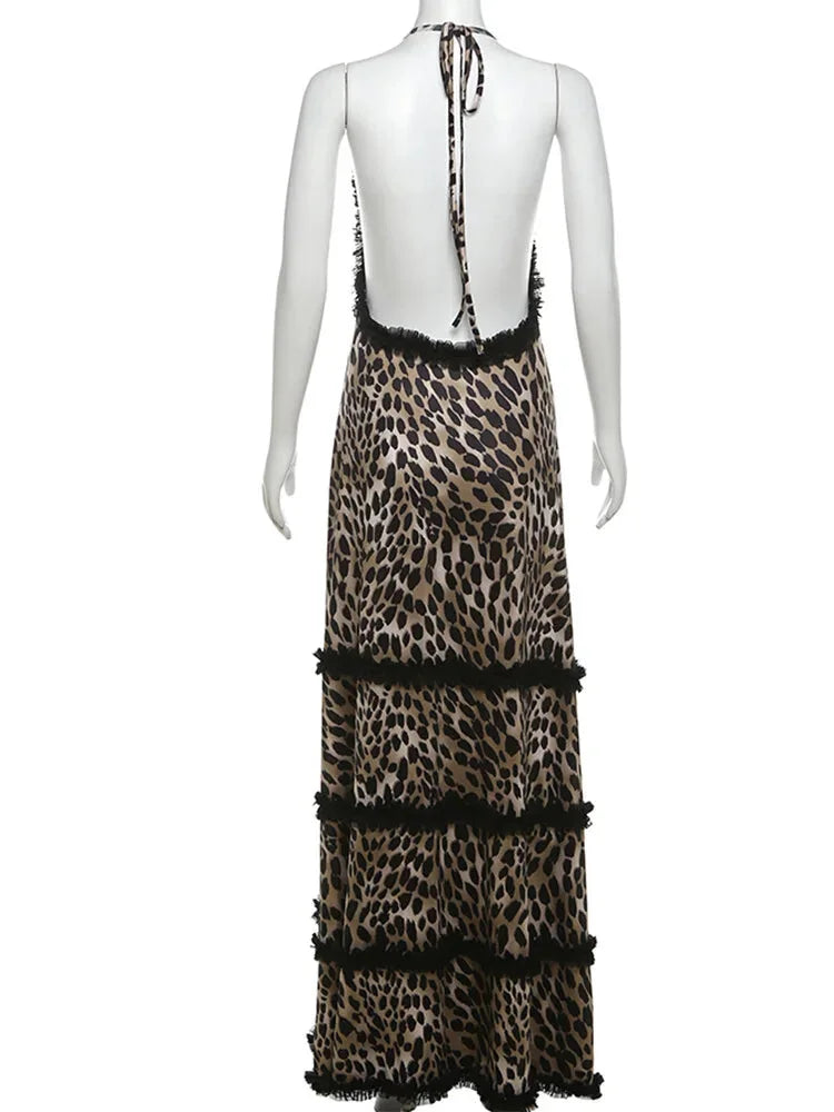 Party Dresses- Exotic Tiered Leopard Halter-Backless Maxi Dress with Fringe Detail