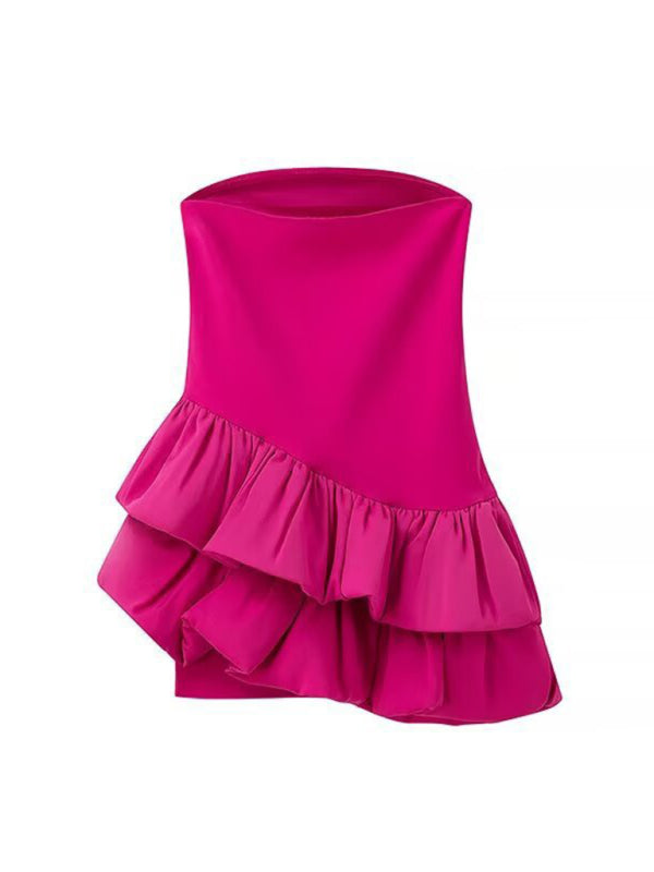 Party Dresses - Fuchsia Ruffle Asymmetric Tube Party Dress