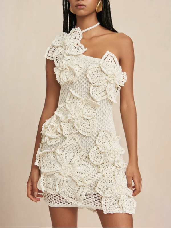 Party Dresses- Handcrafted Crochet Lace One-Shoulder Dress- White- IndioGear.com