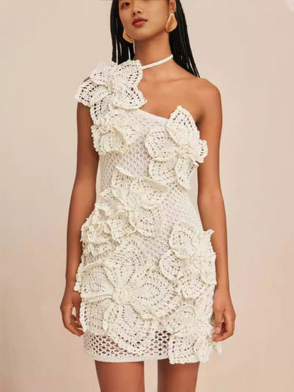 Party Dresses- Handcrafted Crochet Lace One-Shoulder Dress- - IndioGear.com