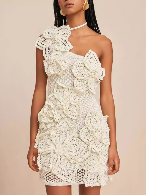 Party Dresses- Handcrafted Crochet Lace One-Shoulder Dress- - IndioGear.com