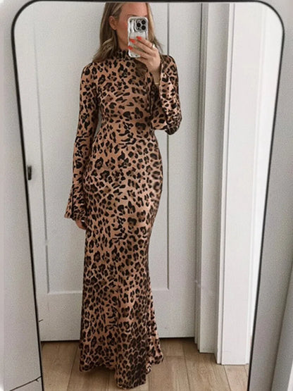 Party Dresses- High Neck Leopard Evening Maxi Dress- - IndioGear Women Clothing