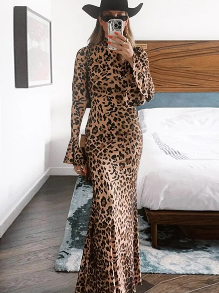 Party Dresses- High Neck Leopard Evening Maxi Dress- - IndioGear Women Clothing