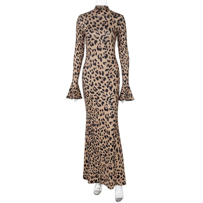 Party Dresses- High Neck Leopard Evening Maxi Dress- Leopard-print- IndioGear Women Clothing