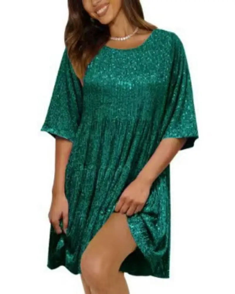 Party Dresses- Holiday Sparkle Festive Sequined Dress- Green- IndioGear.com