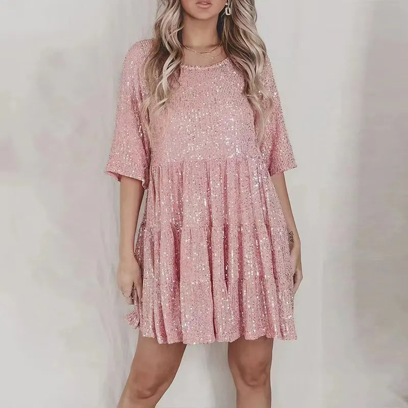 Party Dresses- Holiday Sparkle Festive Sequined Dress- Pink- IndioGear.com