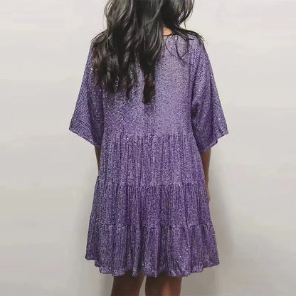 Party Dresses- Holiday Sparkle Festive Sequined Dress- Purple- IndioGear.com