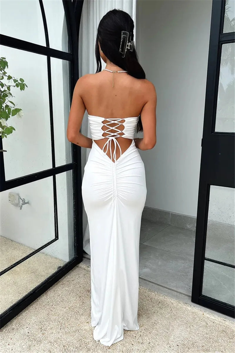 Party Dresses- Peachy Elegance Women's Strapless Maxi Dress with Lace-Up Back- - IndioGear.com