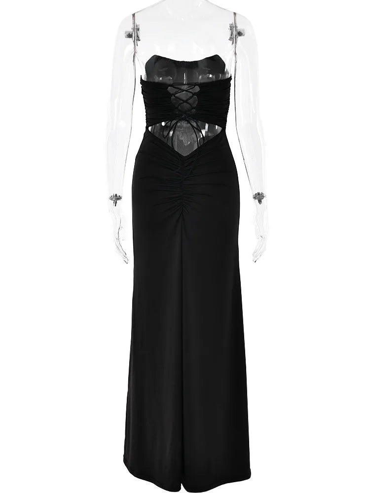 Party Dresses- Peachy Elegance Women's Strapless Maxi Dress with Lace-Up Back- Black- IndioGear.com