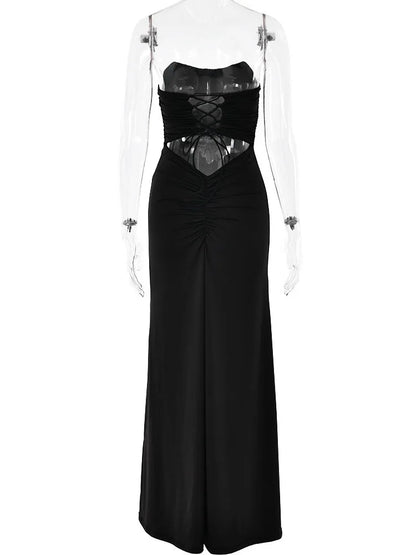 Party Dresses- Peachy Elegance Women's Strapless Maxi Dress with Lace-Up Back- Black- IndioGear.com