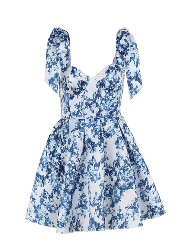 Party Dresses - Ribbon-Tied Floral Blue Print Mini Dress