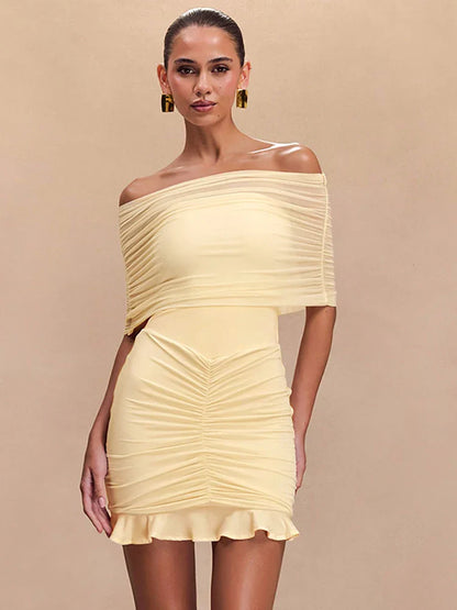 Party Dresses- Glamorous Off Shoulder Ruched Dress - Spring/Summer Essential- - IndioGear