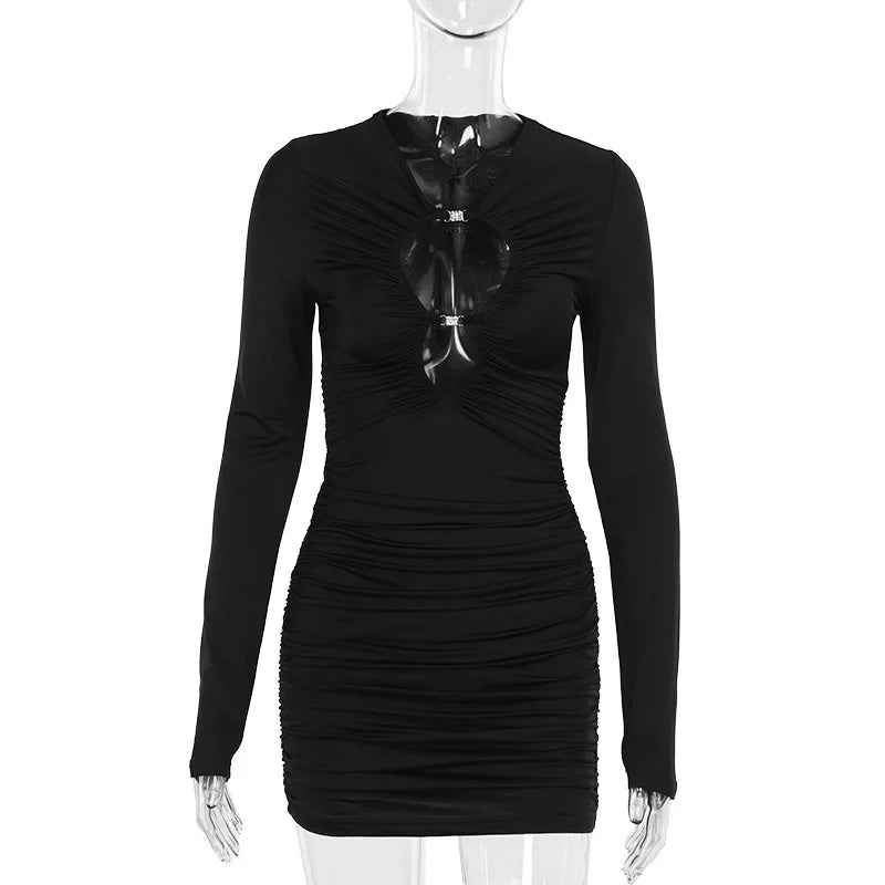 Party Dresses- Ruched Bodycon Party Mini Dress with Cut-Out- - IndioGear.com