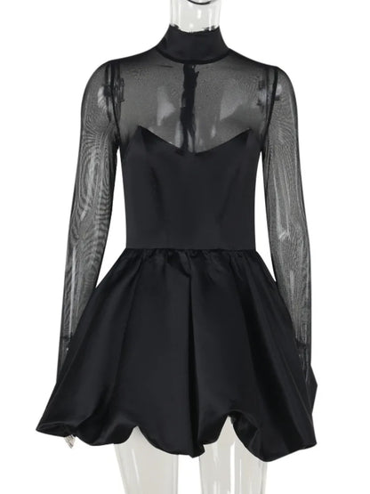 Party Dresses- Satin & Mesh Flare Dress for Holiday Parties- Black- IndioGear Women Clothing