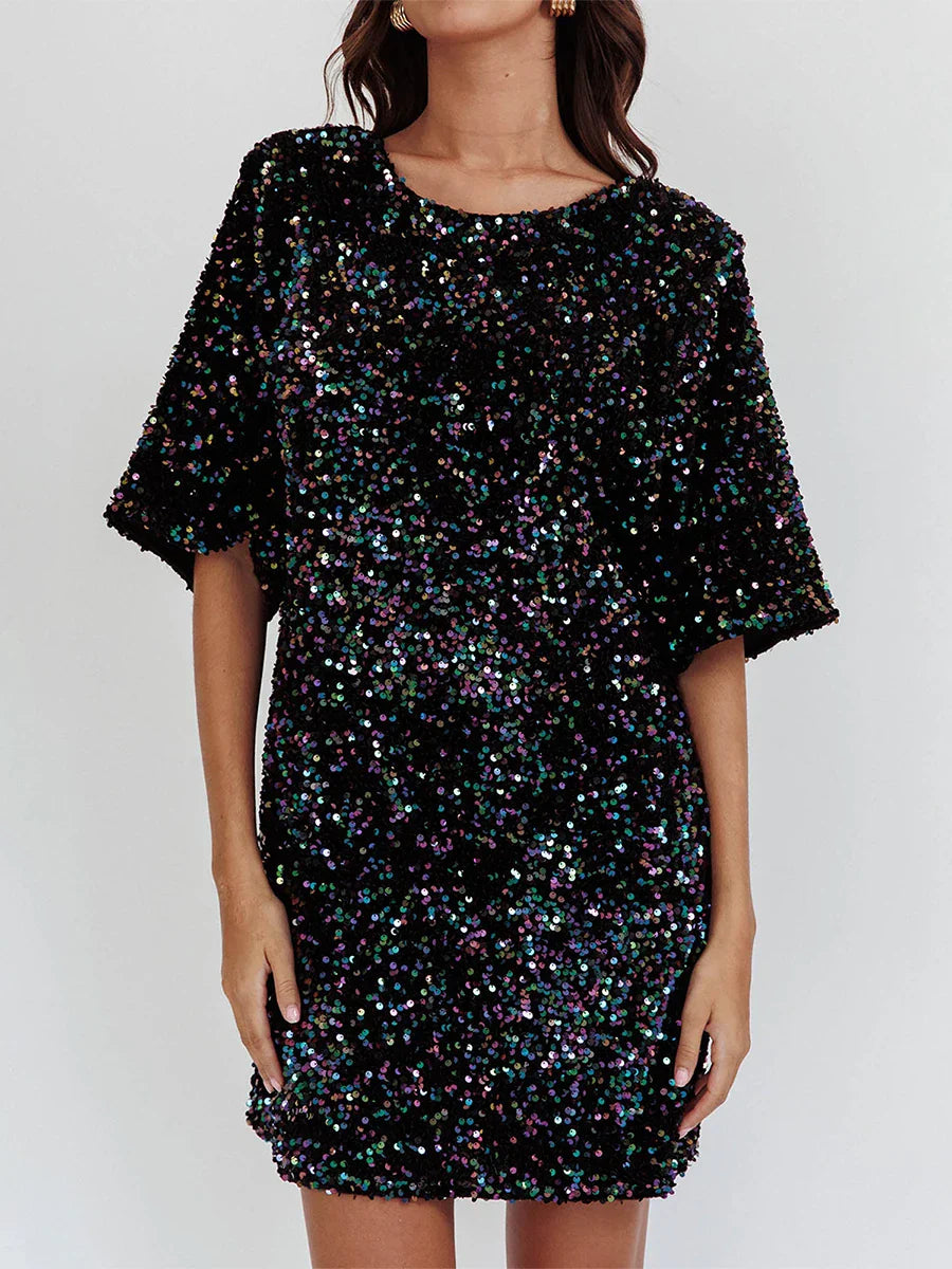 Party Dresses- Sequined Sparkle Party Dress with Tie-Up Back- - IndioGear.com