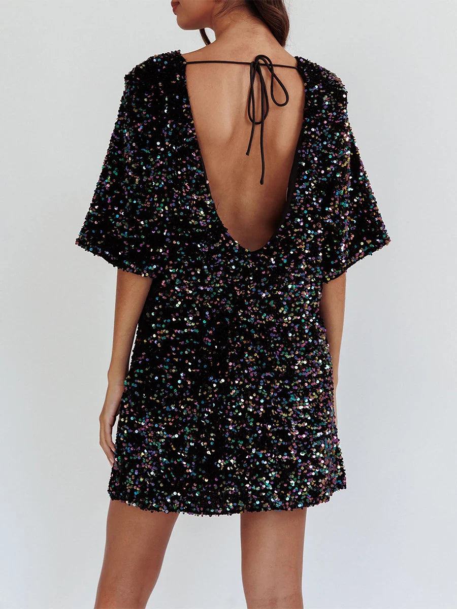 Party Dresses- Sequined Sparkle Party Dress with Tie-Up Back- - IndioGear.com