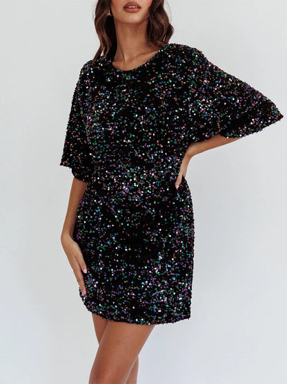 Party Dresses- Sequined Sparkle Party Dress with Tie-Up Back- - IndioGear.com