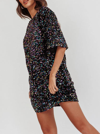 Party Dresses- Sequined Sparkle Party Dress with Tie-Up Back- - IndioGear.com