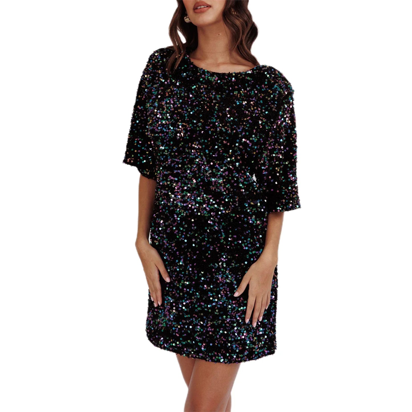 Party Dresses- Sequined Sparkle Party Dress with Tie-Up Back- Black- IndioGear.com