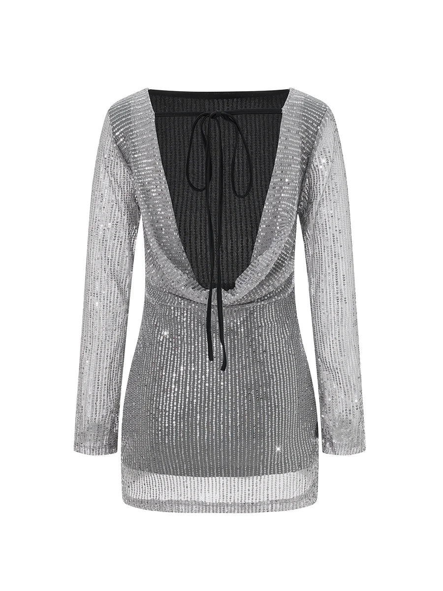 Party Dresses- Sparkling Cowl Back Clubbing Dress with Long Sleeves- - IndioGear.com