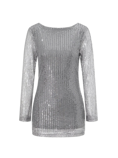 Party Dresses- Sparkling Cowl Back Clubbing Dress with Long Sleeves- - IndioGear.com