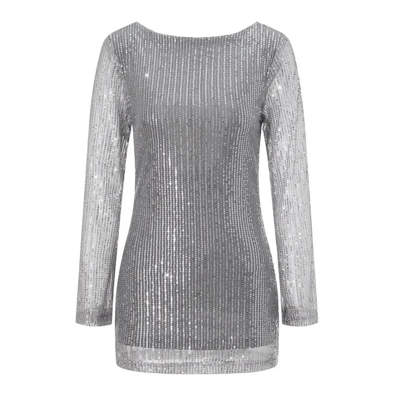 Party Dresses- Sparkling Cowl Back Clubbing Dress with Long Sleeves- Silver- IndioGear.com