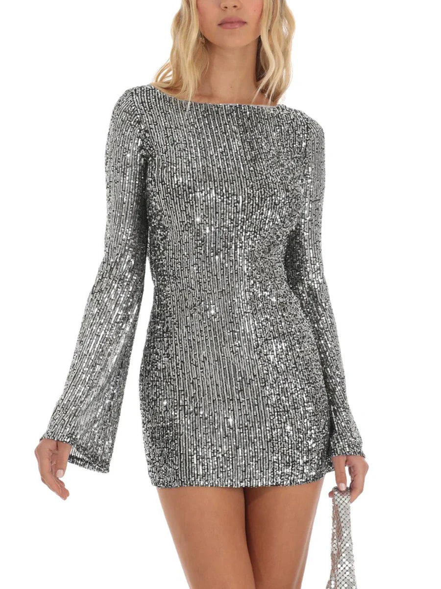 Party Dresses- Sparkling Cowl Back Clubbing Dress with Long Sleeves- - IndioGear.com