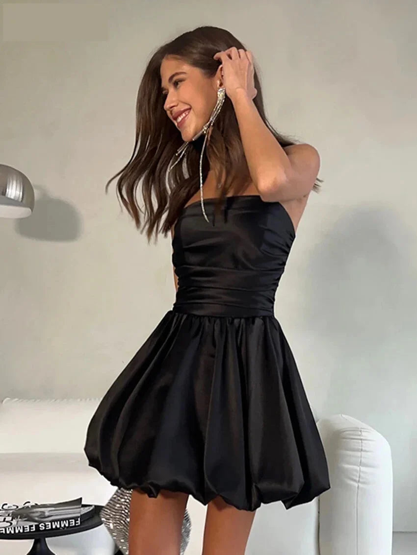 Party Dresses- Strapless Satin Mini Dress for Cocktail Evenings- - IndioGear.com