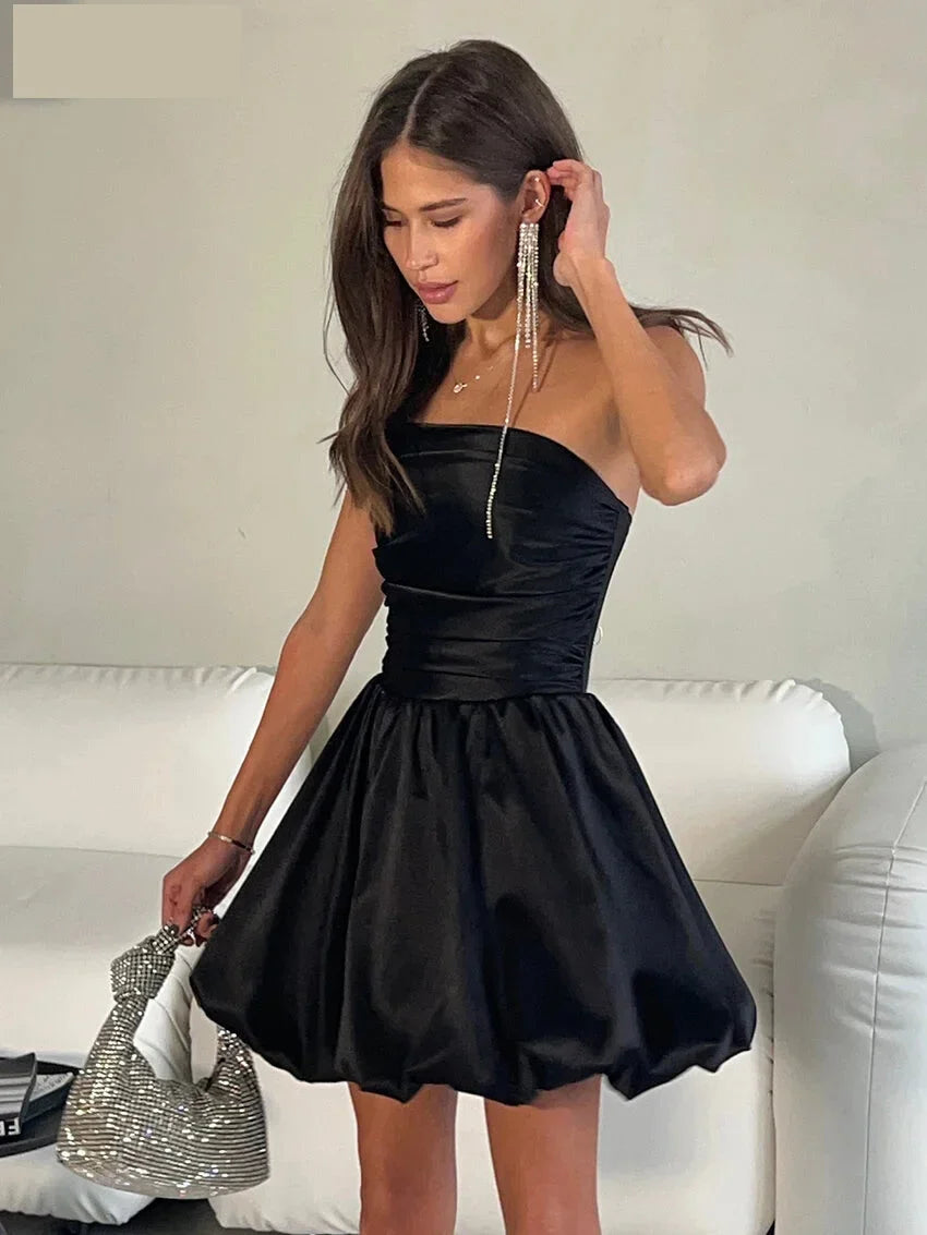 Party Dresses- Strapless Satin Mini Dress for Cocktail Evenings- Black- IndioGear.com