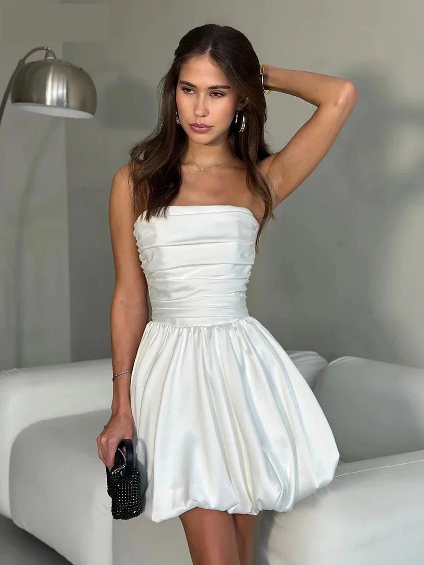 Party Dresses- Strapless Satin Mini Dress for Cocktail Evenings- White- IndioGear.com