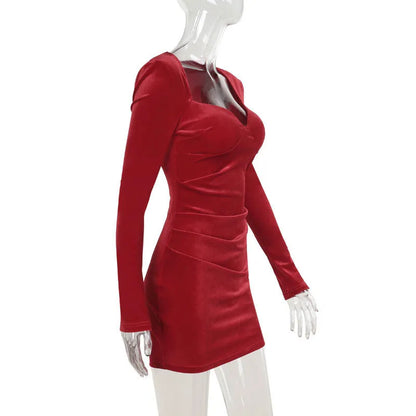 Party Dresses- Velvet Ruched Evening Velour Party Dress- - IndioGear.com