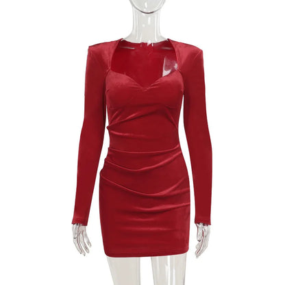 Party Dresses- Velvet Ruched Evening Velour Party Dress- Red- IndioGear.com