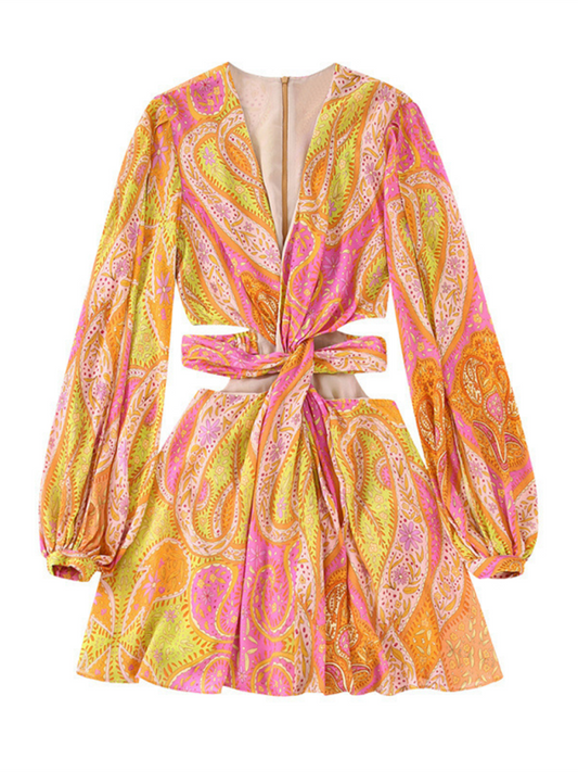 Party Dresses- Vibrant Paisley Print Dress- Yellow- IndioGear.com