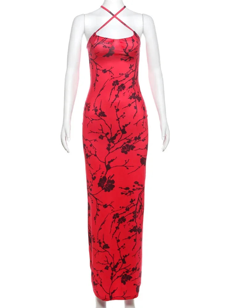 Party Dresses- Women Red Floral Body-Hugging Dress for Elegant Evenings- - Chuzko Women Clothing