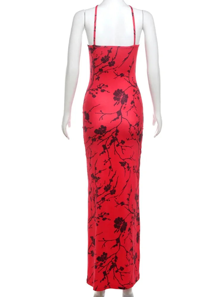 Party Dresses- Women Red Floral Body-Hugging Dress for Elegant Evenings- - Chuzko Women Clothing