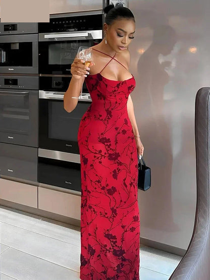 Party Dresses- Women Red Floral Body-Hugging Dress for Elegant Evenings- - Chuzko Women Clothing