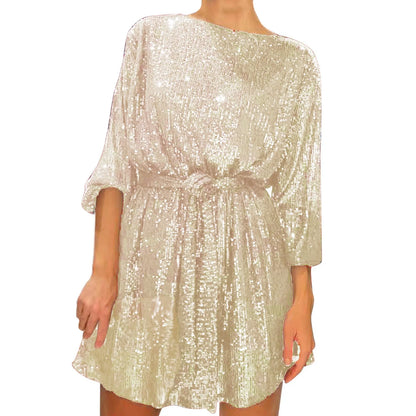 Party Dresses- Women Sequin 3/4 Sleeves Mini Dress for Elegant Evenings- - IndioGear.com