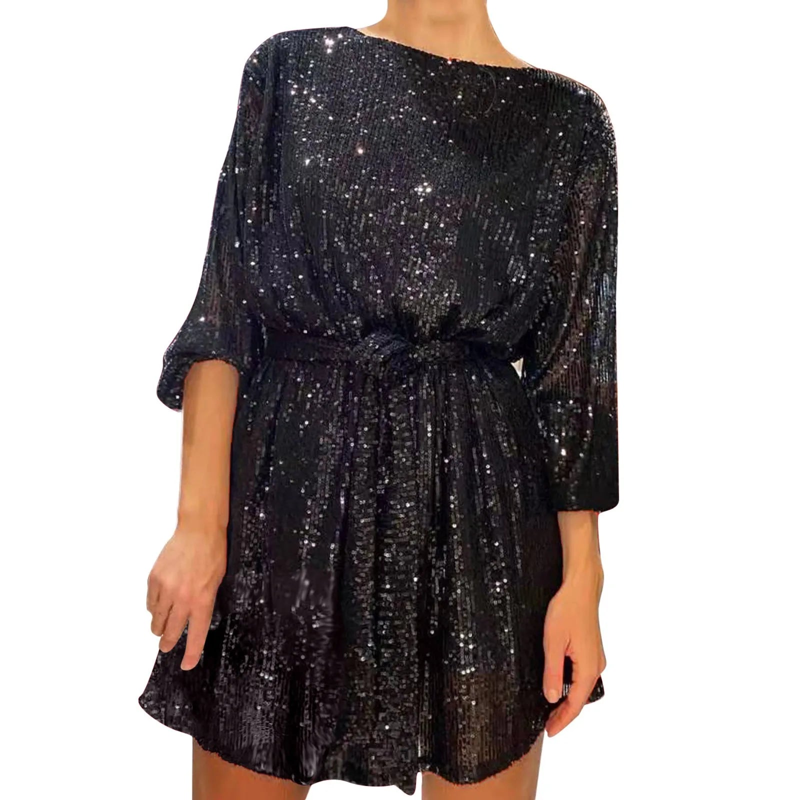 Party Dresses- Women Sequin 3/4 Sleeves Mini Dress for Elegant Evenings- - IndioGear.com