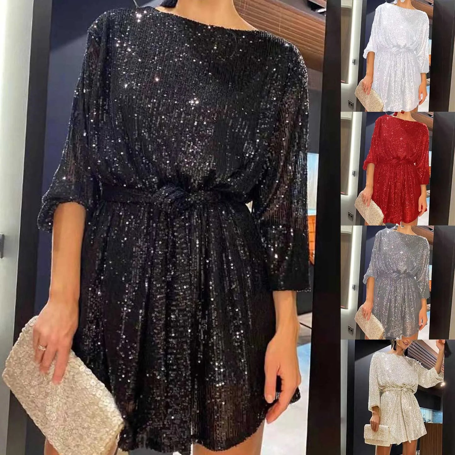 Party Dresses- Women Sequin 3/4 Sleeves Mini Dress for Elegant Evenings- - IndioGear.com