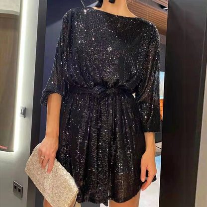 Party Dresses- Women Sequin 3/4 Sleeves Mini Dress for Elegant Evenings- Black- IndioGear.com