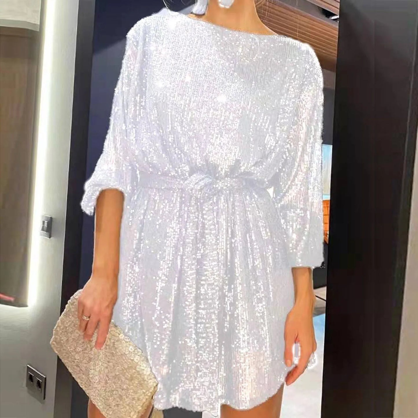 Party Dresses- Women Sequin 3/4 Sleeves Mini Dress for Elegant Evenings- White- IndioGear.com