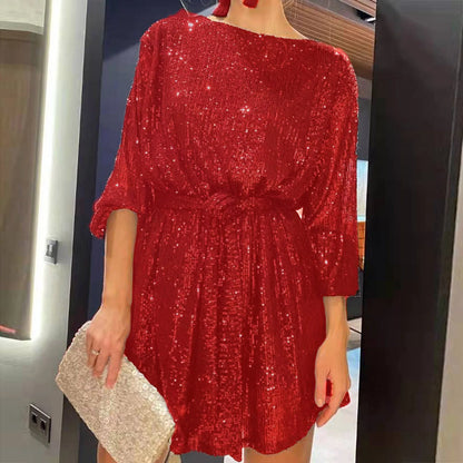 Party Dresses- Women Sequin 3/4 Sleeves Mini Dress for Elegant Evenings- Red- IndioGear.com