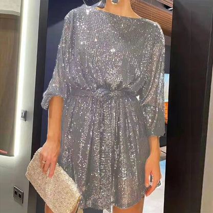 Party Dresses- Women Sequin 3/4 Sleeves Mini Dress for Elegant Evenings- Silver- IndioGear.com