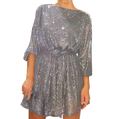 Party Dresses- Women Sequin 3/4 Sleeves Mini Dress for Elegant Evenings- - IndioGear.com