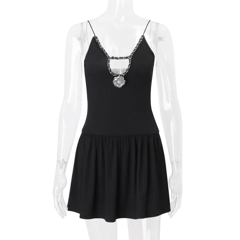 Party Dresses- Women Skater Cutout Mini Dress with Decorative Chain- - IndioGear.com