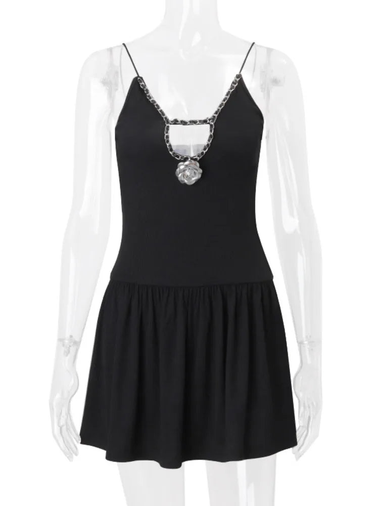 Party Dresses- Women Skater Cutout Mini Dress with Decorative Chain- Black- IndioGear.com