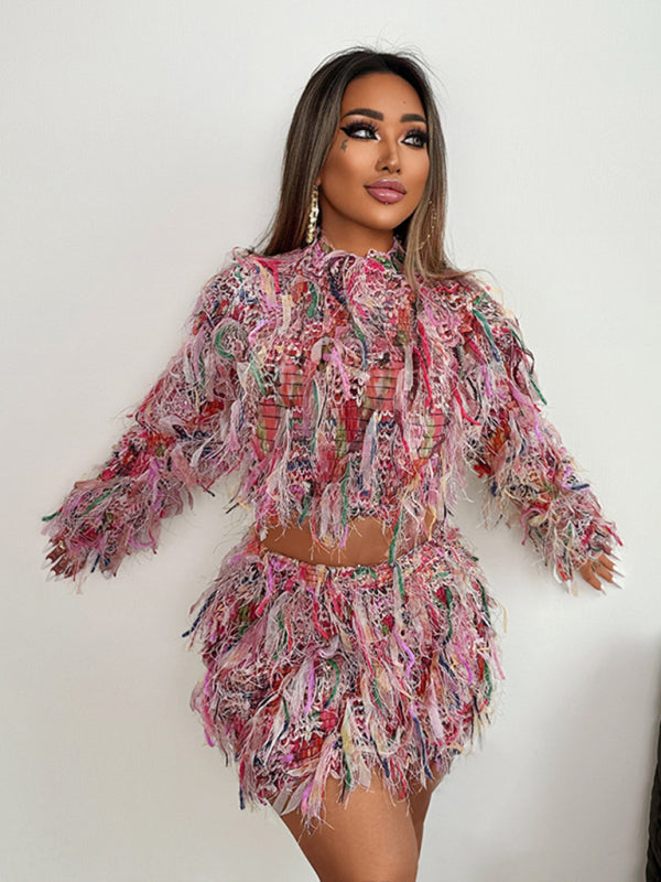 Party Matching Set- Fringed Mini Skirt and Crop Top Set for Festive Nights- Pink- IndioGear Women Clothing