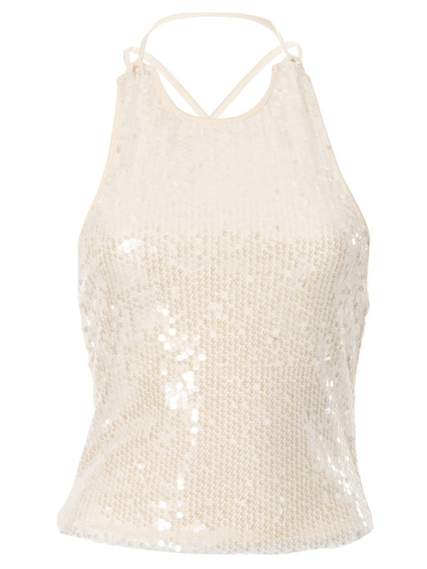 Party Tops- Tie-Up Back Sequin Tank - Women's Festive Party Sparkle Top- - IndioGear Fashion and Gear