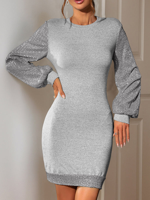 Party Winter Dress- Sequin Sleeve Cocktail Sweater Dress- - IndioGear Women Clothing